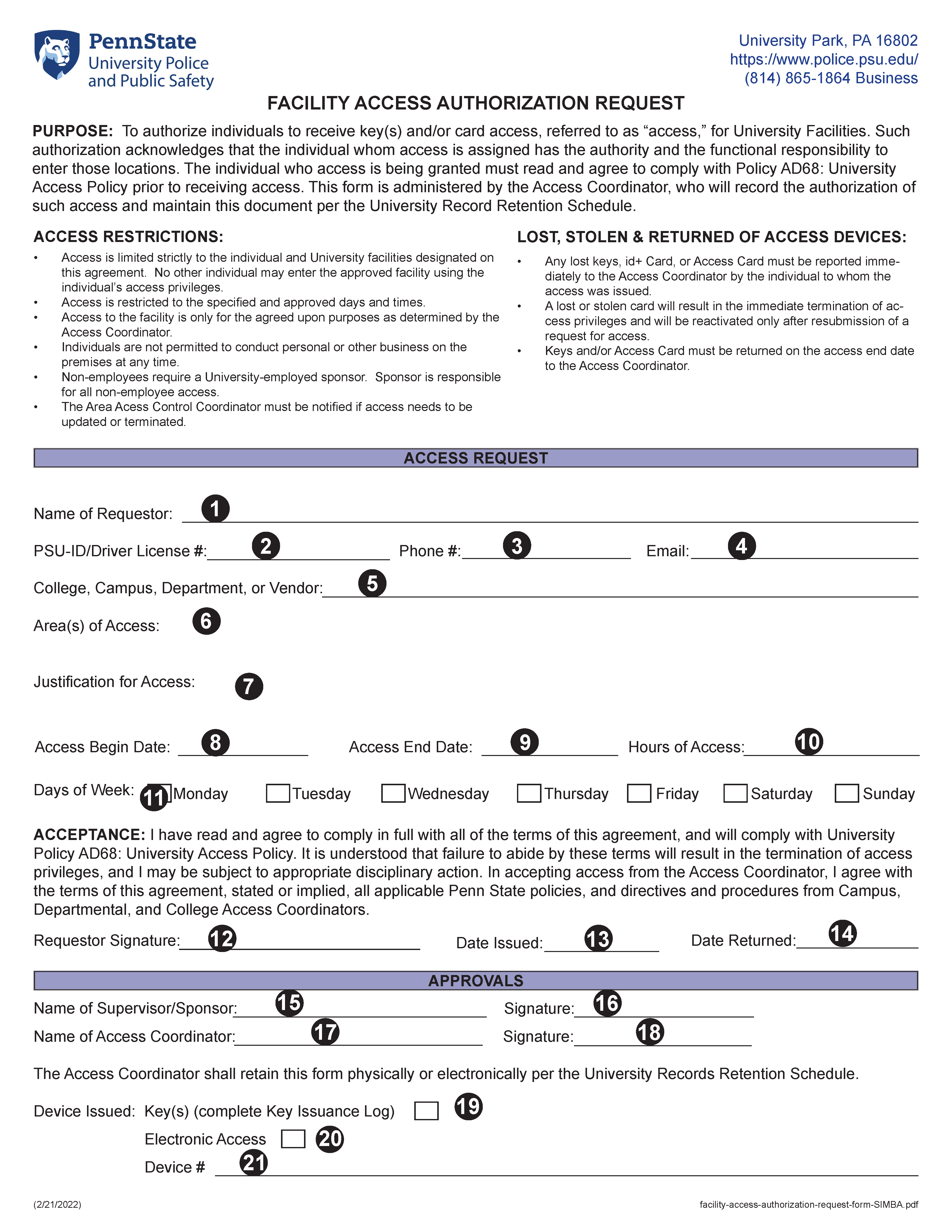 Image of Facility Access Authorization Request Form